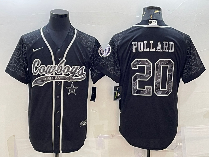 Men's Dallas Cowboys #20 Tony Pollard Black Reflective With Patch Cool Base Stitched Baseball Jersey - Click Image to Close